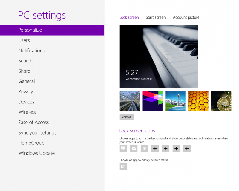 Windows 8 metro PC settings page