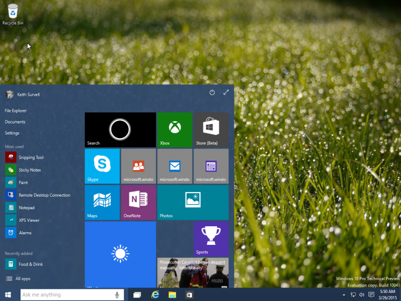 windows 10 - start menu (default size)