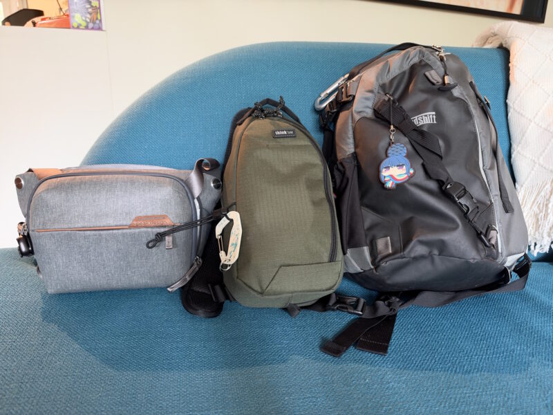 All 3 bags side by side: Peak Design, Think Tank, and MindShift