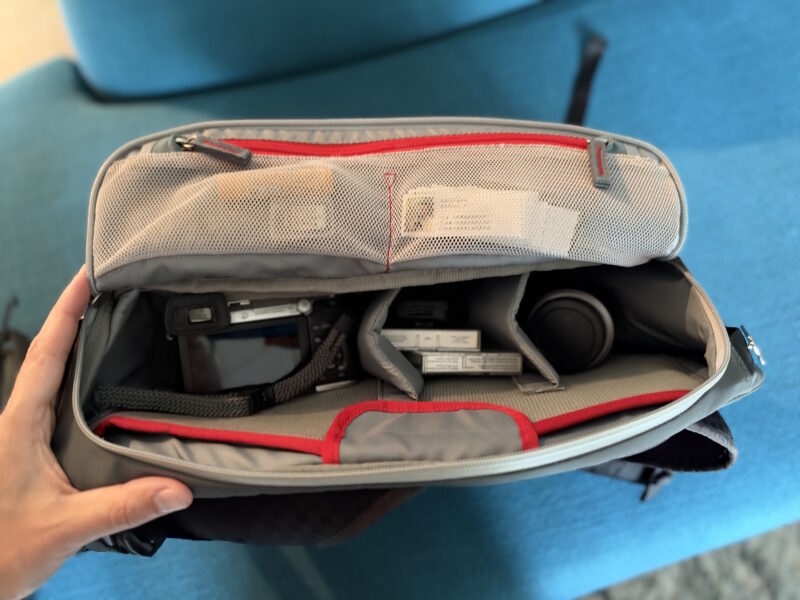 MindShift PhotoCross bag interior with camera and lenses