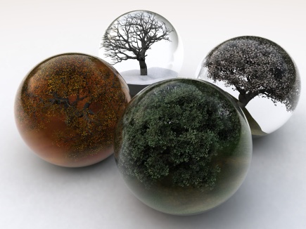The four seasons as trees in glass orbs
