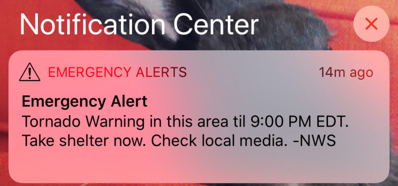 Emergency Alert: Tornado Warning, Take shelter now