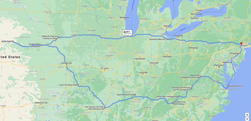 Road Trip Route on Google Maps