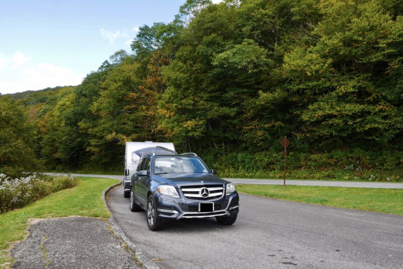 Keithmobile-E (and camper) on a pullout on the Blue Ridge Parkway